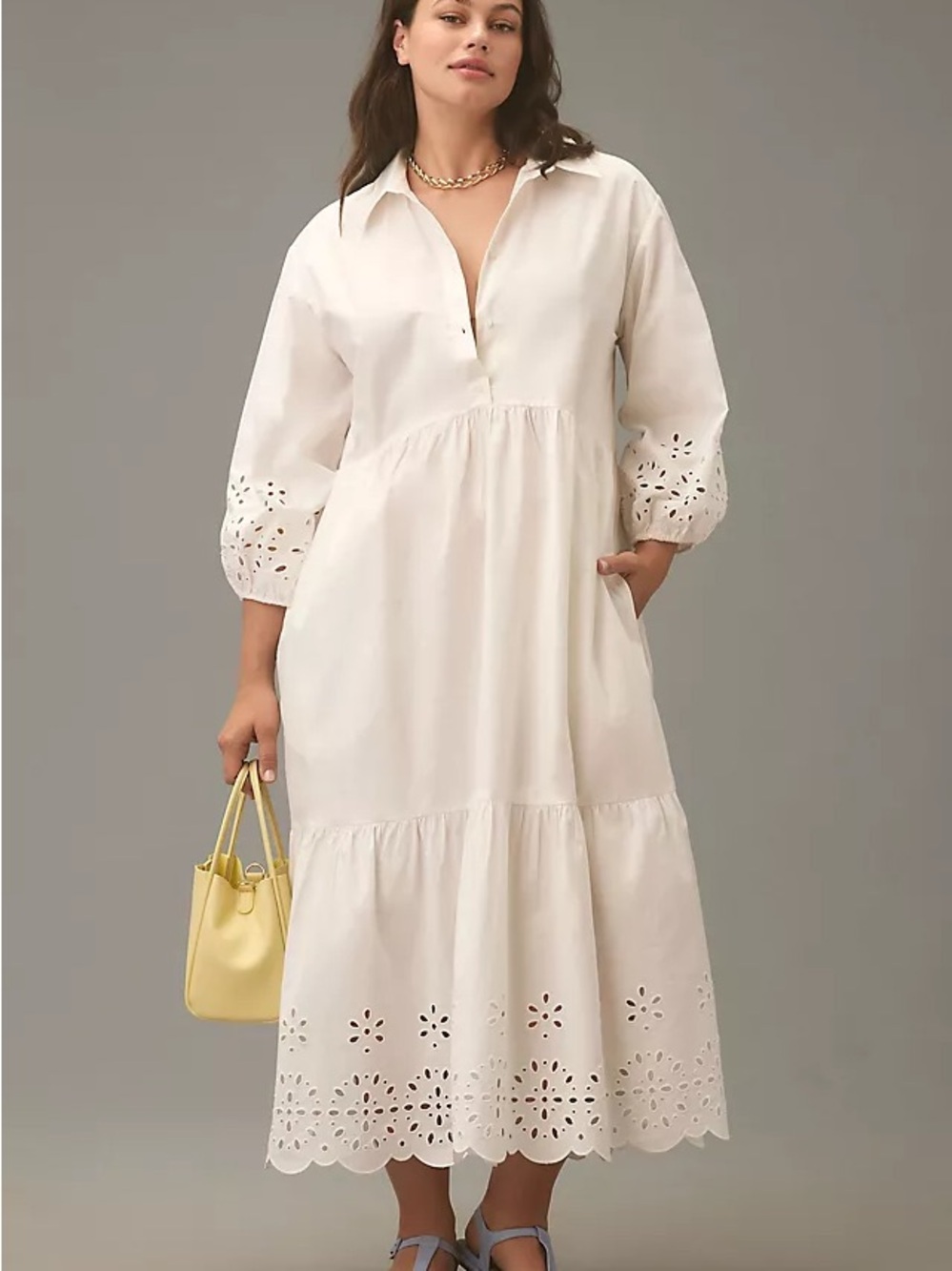 Mauve White Eyelet Midi Shirt Dress